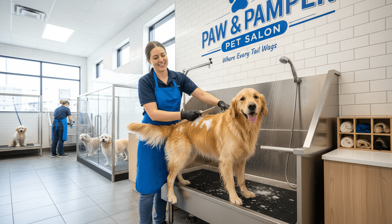 Peluquero profesional cuidando a un perro feliz en salón de peluquería canina