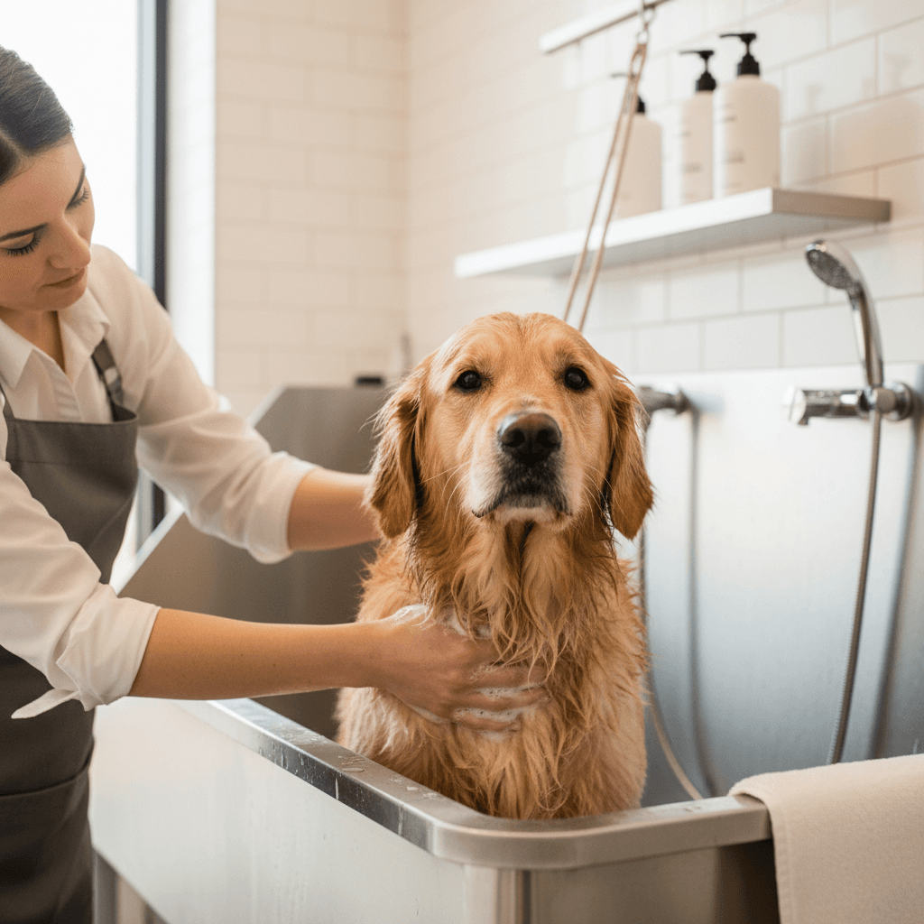 Groomer profesional bañando perro feliz en peluquería canina moderna
